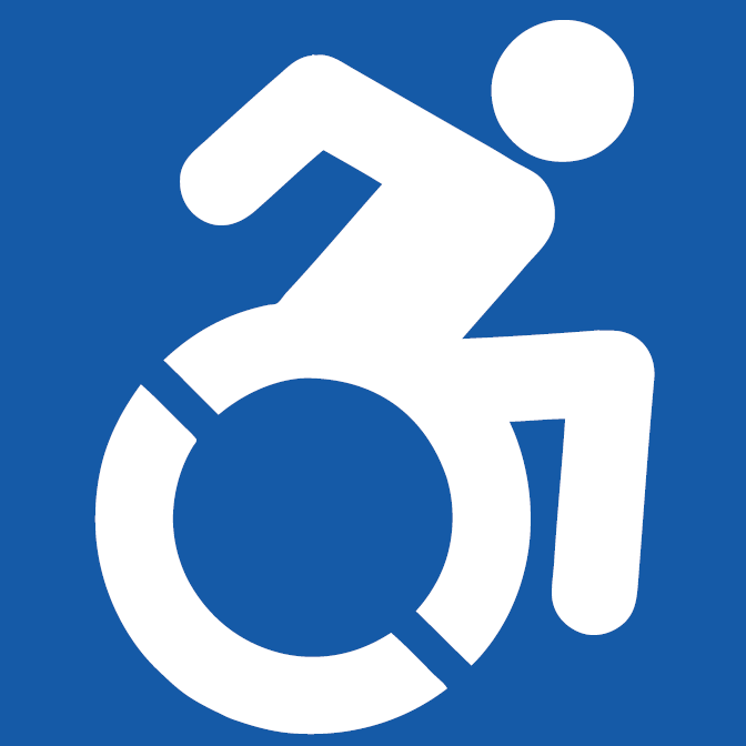 personne propulsant son fauteuil roulant sur un fond bleu